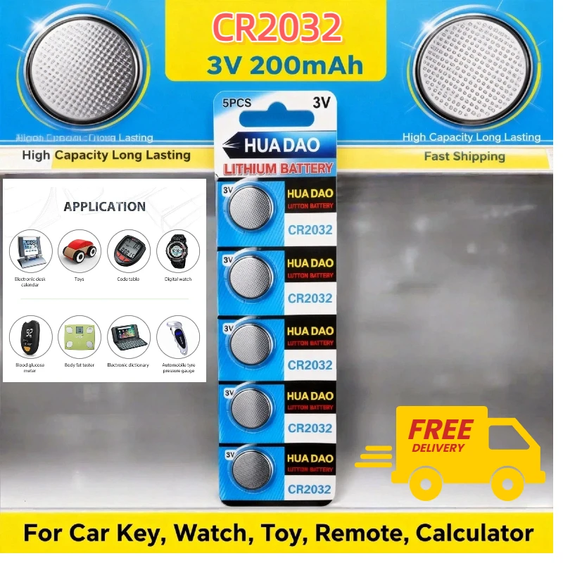 

HUADAO CR2032 3V 200mAh High Capacity Long Lasting Lithium Button Battery DL2032 5004LC for Car Key Watch Toy Remote Calculator