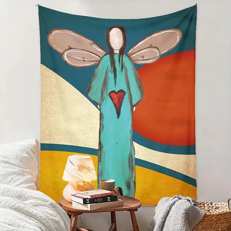 1PC Angel Heart Retro Art Print Backdrop Banner, Bedroom Living Room Photo Background, Polyester, Home Decor, Wall Art