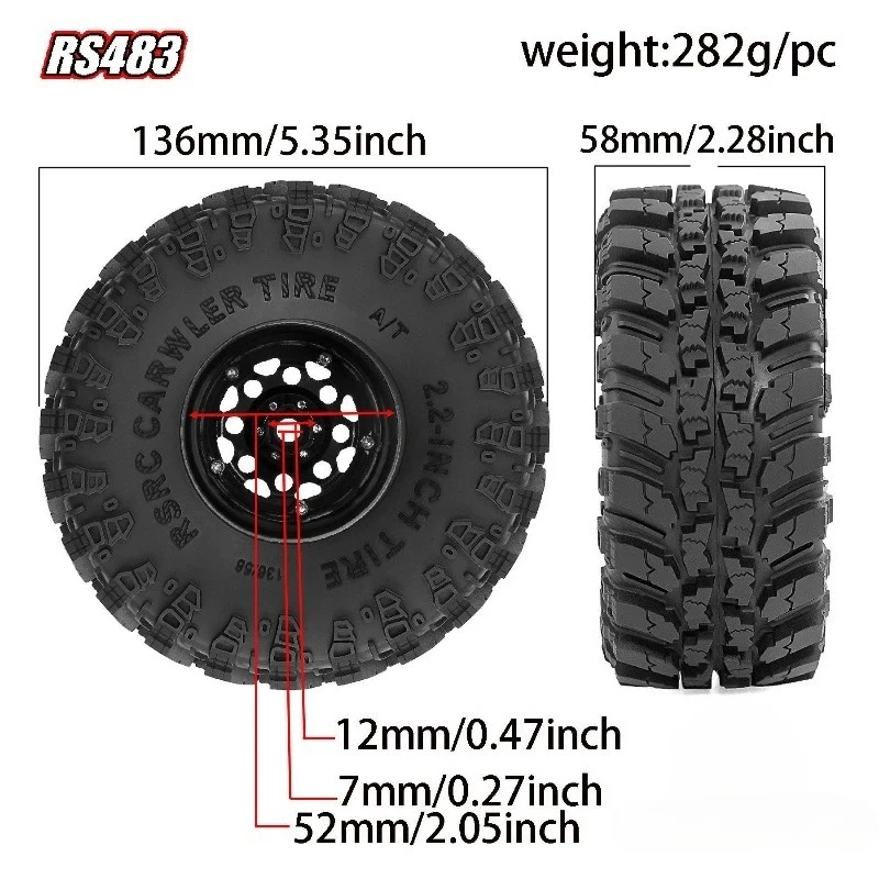 1/8 1/7 RC Car Upgrade Kit, Metal Wheel and Realistic Tire Set RS483 for MJX H8P CK5811 Wrangler Crawler