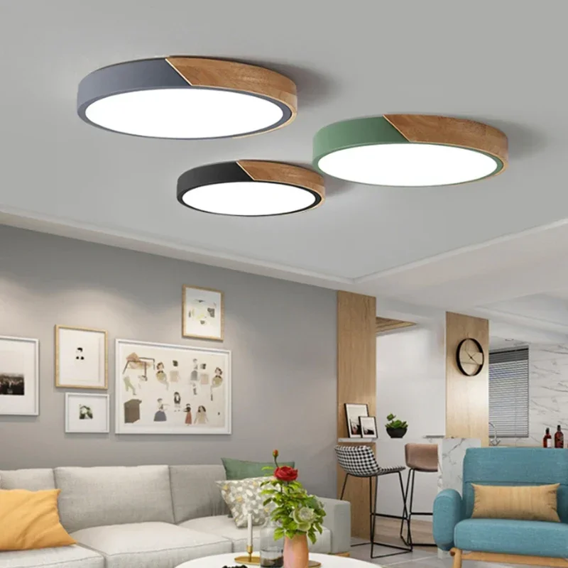 

Macaroon Led Ceiling Lamps Round Wooden Indoor Lighting Foyer Bedroom Bedside Living Room Ceiling Light With Remote Control