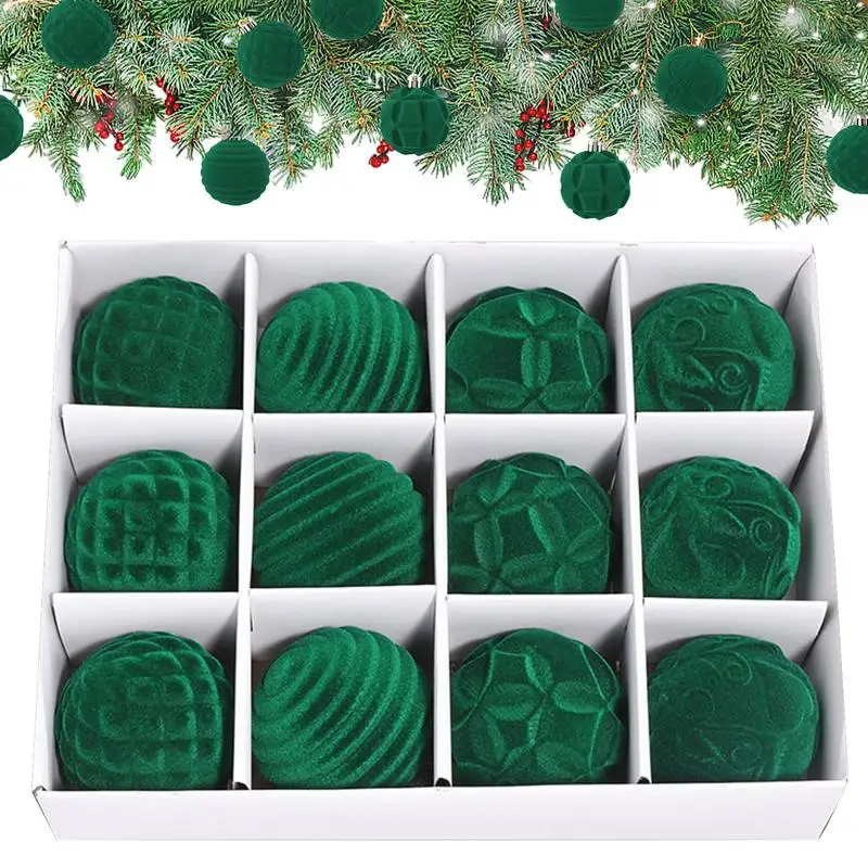 12 Pcs Velvet Christmas Ornaments Christmas Balls Shatterproof Baubles Xmas Ball Ornament for Christmas Tree Hanging