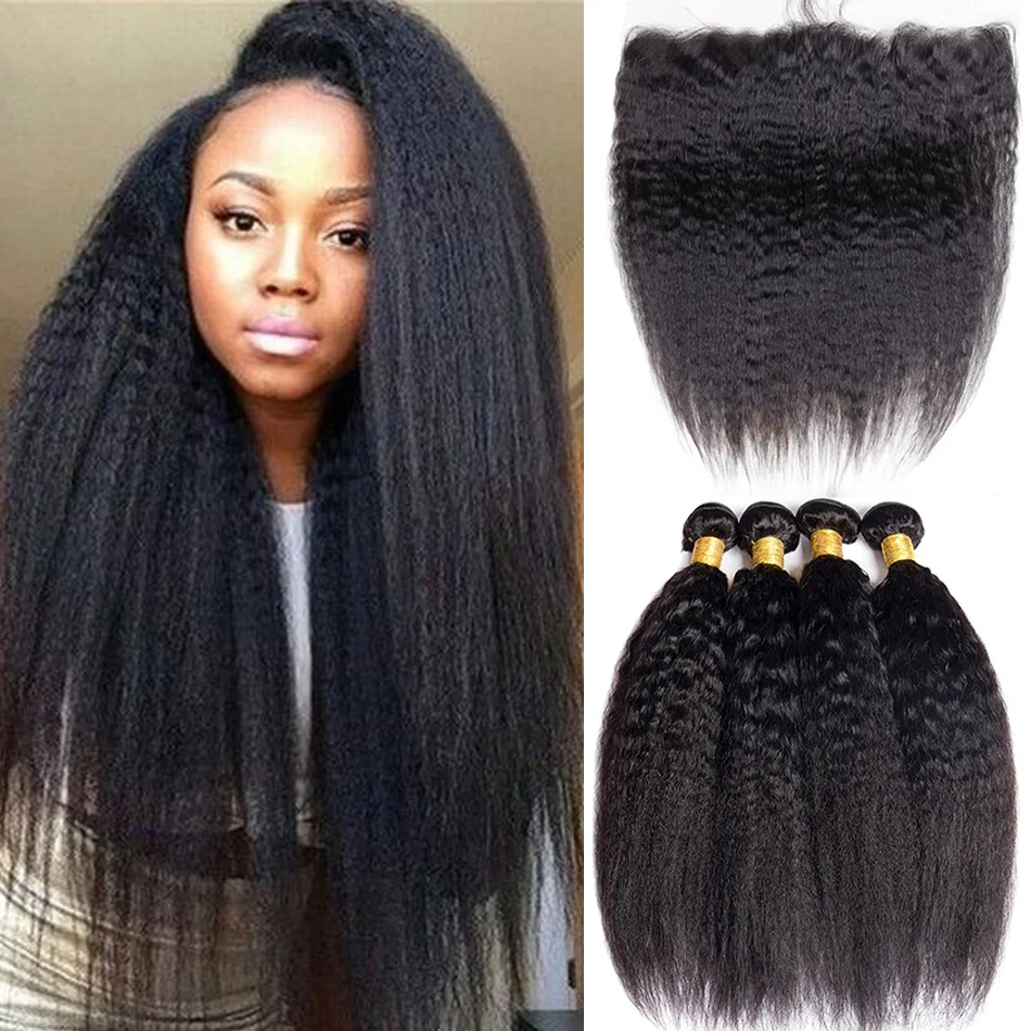 Raw Indian Kinky Straight Weave Bundles com Fecho, Pacotes de Cabelo Humano com HD Frontal, 3 Pacotes, 12A