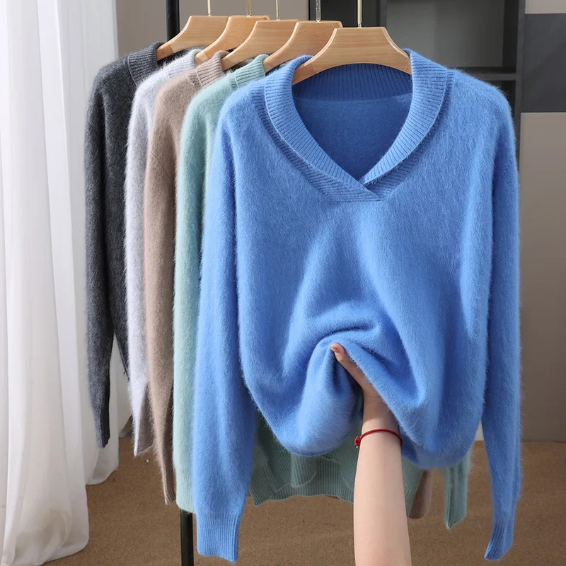 

Мужской зимний свитер из 100% чистой норки, пуловер с отложным воротником, повседневная свободная трикотажная рубашка с длинными рукавами, мужская одежда