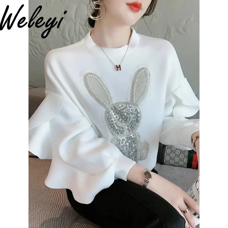 

Cute Women's Cartoon Rhinestones Beaded Rabbit Sweatshirt Ladies 2024 Autumn New Japanese Style Lotus Leaf Sleeve Hoodies Tops