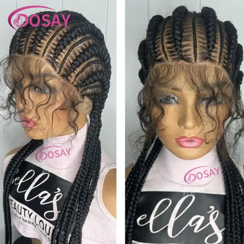 Pelucas sintéticas trenzadas de caja grande sin nudos, peluca trenzada frontal de encaje completo para mujeres negras, trenzas Jumbo, Faux Locs, aciano