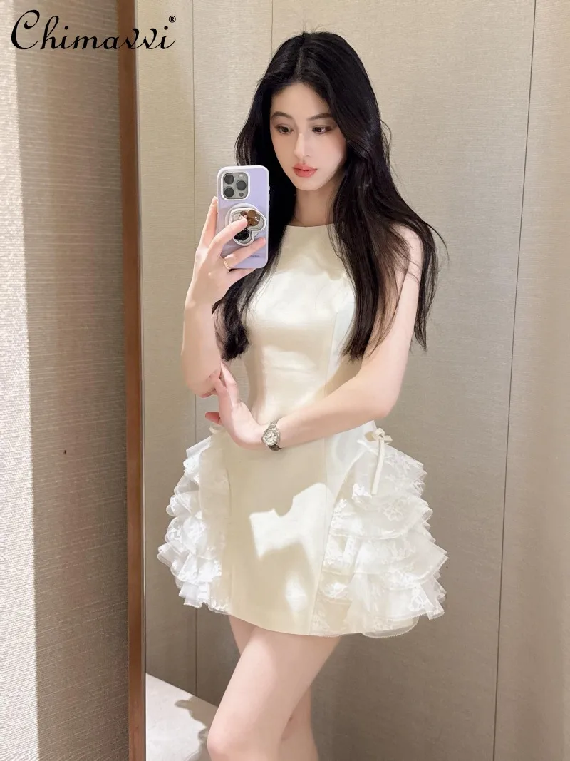 

2026 Summer Clothes New Fashion Round Neck Lace Tiered Dress Women's Slim Fit Elegant Party Mini Dresses Female Vest Dress