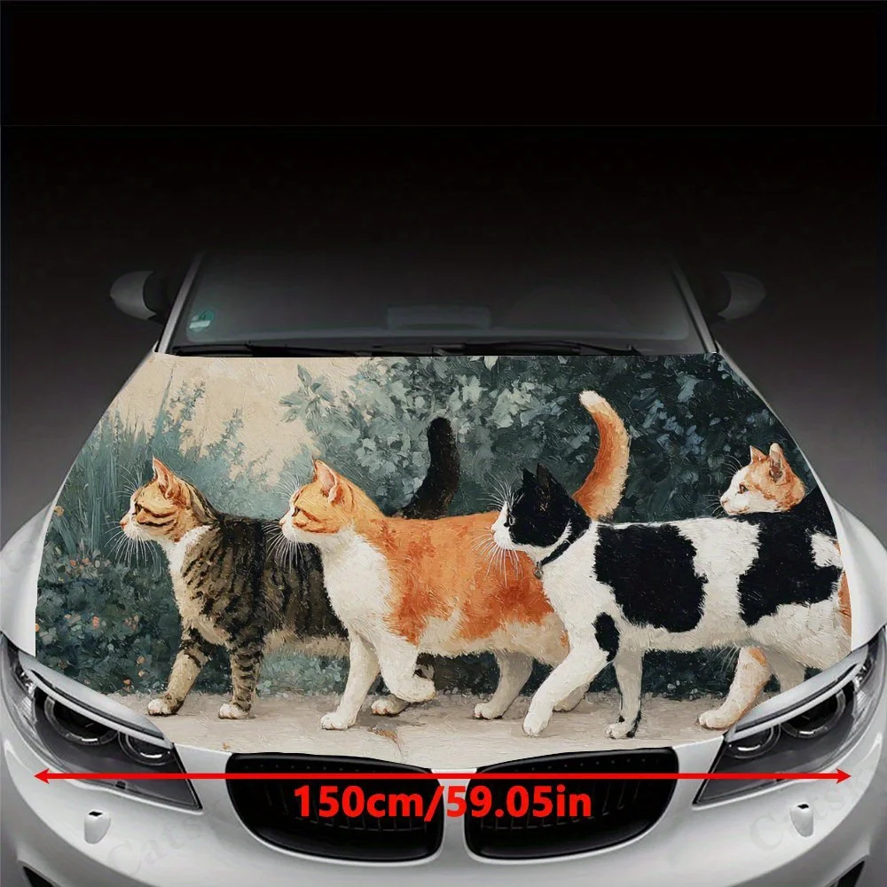 Cute Cat Squad Art  Four Adorable Cats Walking on Path Car Hood Sticker PVC Self Waterproof stick, Striking Auto Exterior Access