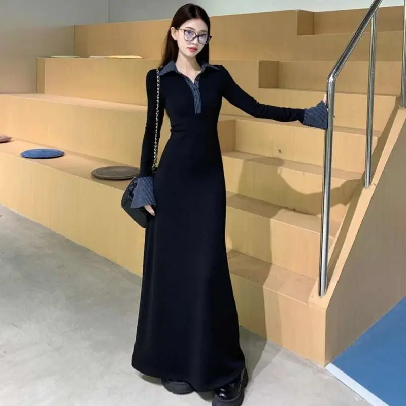 

Striped Lapel Collar Flare Sleeve Knitted Long Dress Women Tight Waisted Wrap A-line Spliced Dress Winter Premium Elegant Cloth