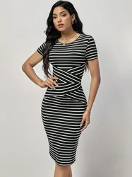 Summer in Europe and the United States long stripe women's fashion slim short sleeve loose thin dress
