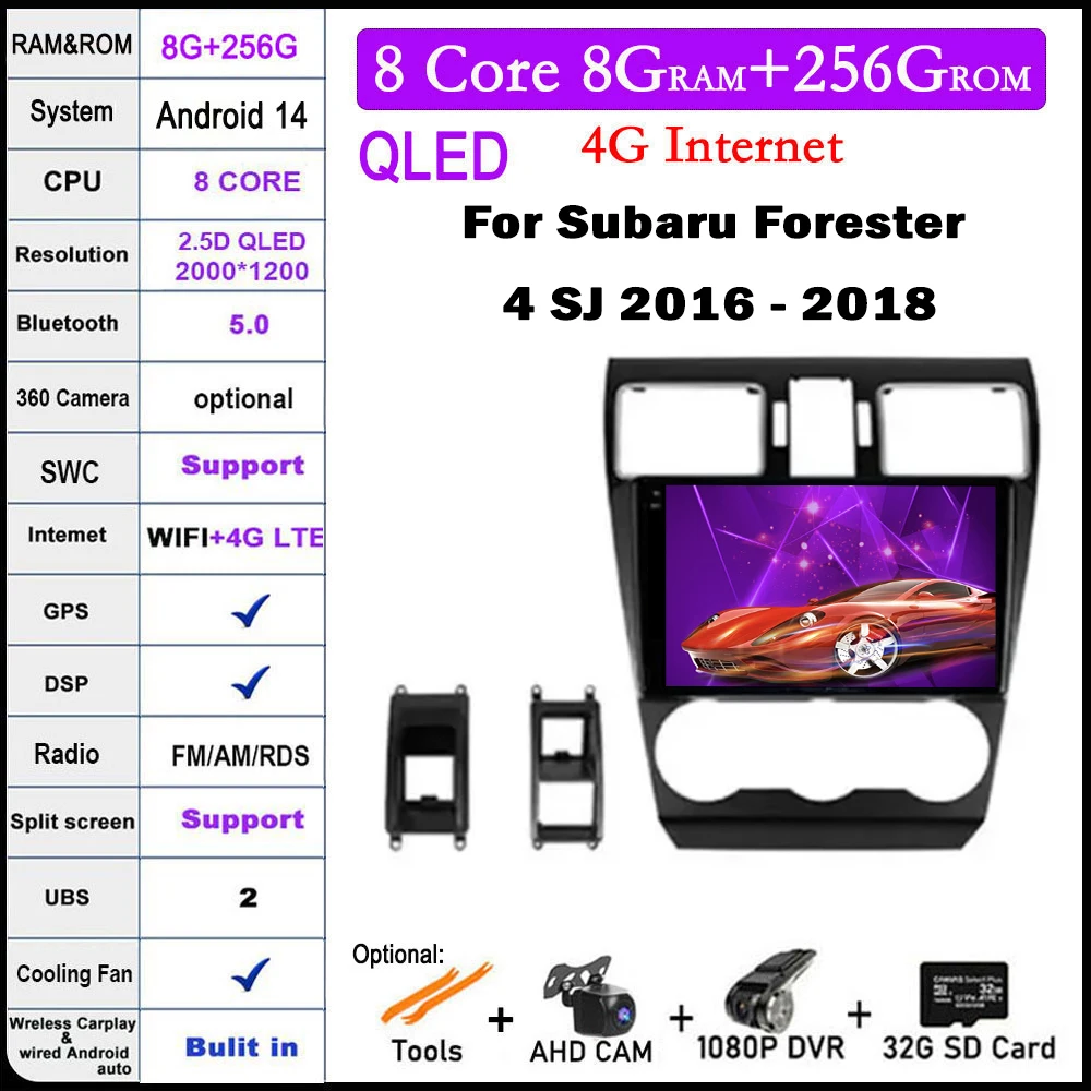 

9 lnch For Subaru Forester 4 SJ 2016 - 2018 Android 14 Car Player Autoradio Radio Video WIFI Multimedia Carplay GPS Navigation