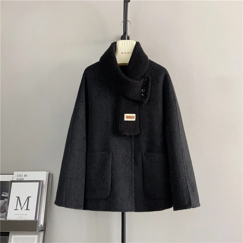 

2023 Fall and Winter New Wool Double-faced Tweed Coat Female Gentle Style Scarf Thick Warm Jacket PT465