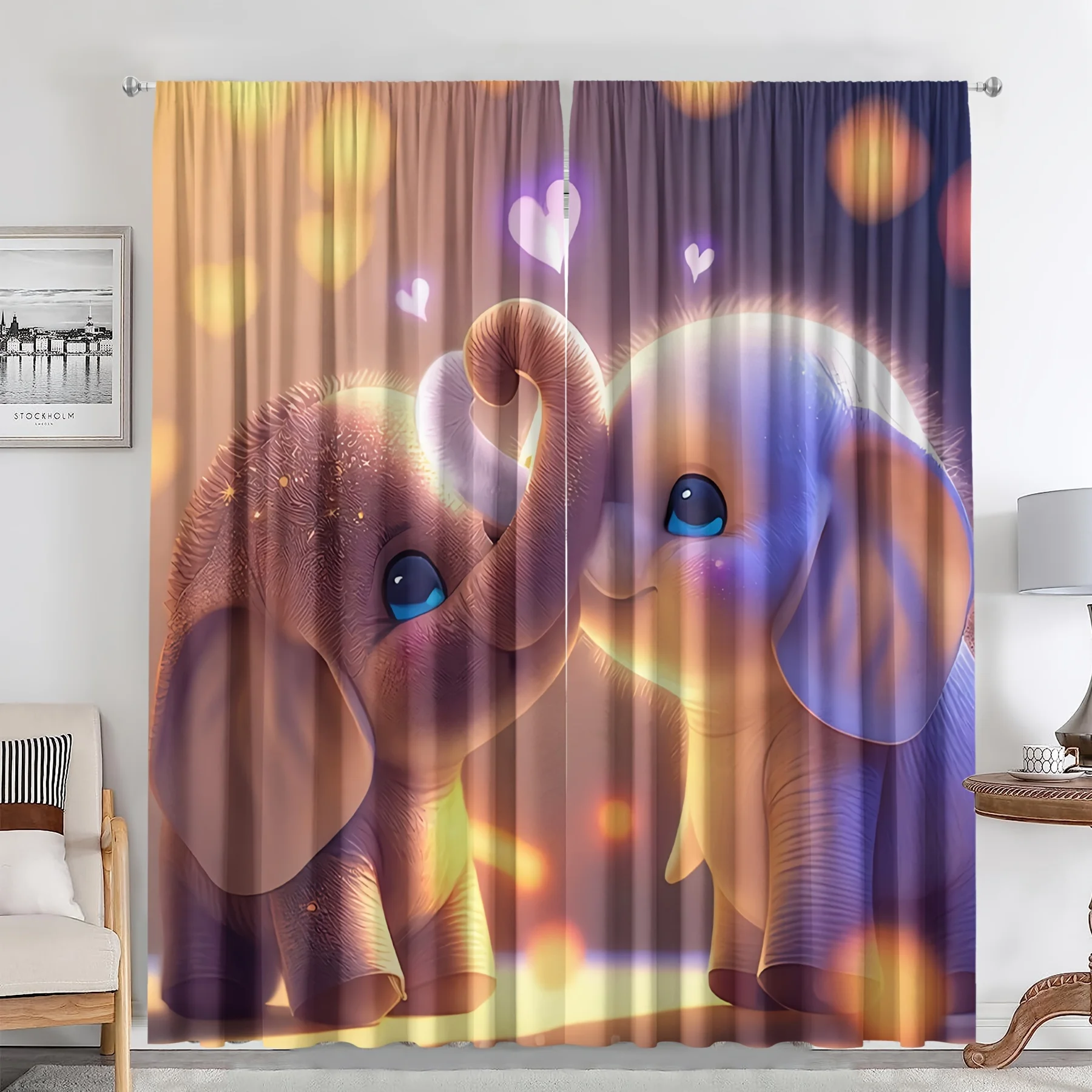 Elephant Love Curtains Set of 2 – Adorable Twin Elephants with Heart Bokeh, Rod Pocket Semi-Sheer Drapes