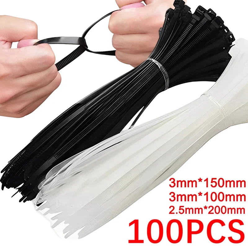 100 Uds. Bridas para cables de nailon con bloqueo automático, correas para cables desmontables, bridas de sujeción ajustables, paquete de cremallera para el hogar y la Oficina