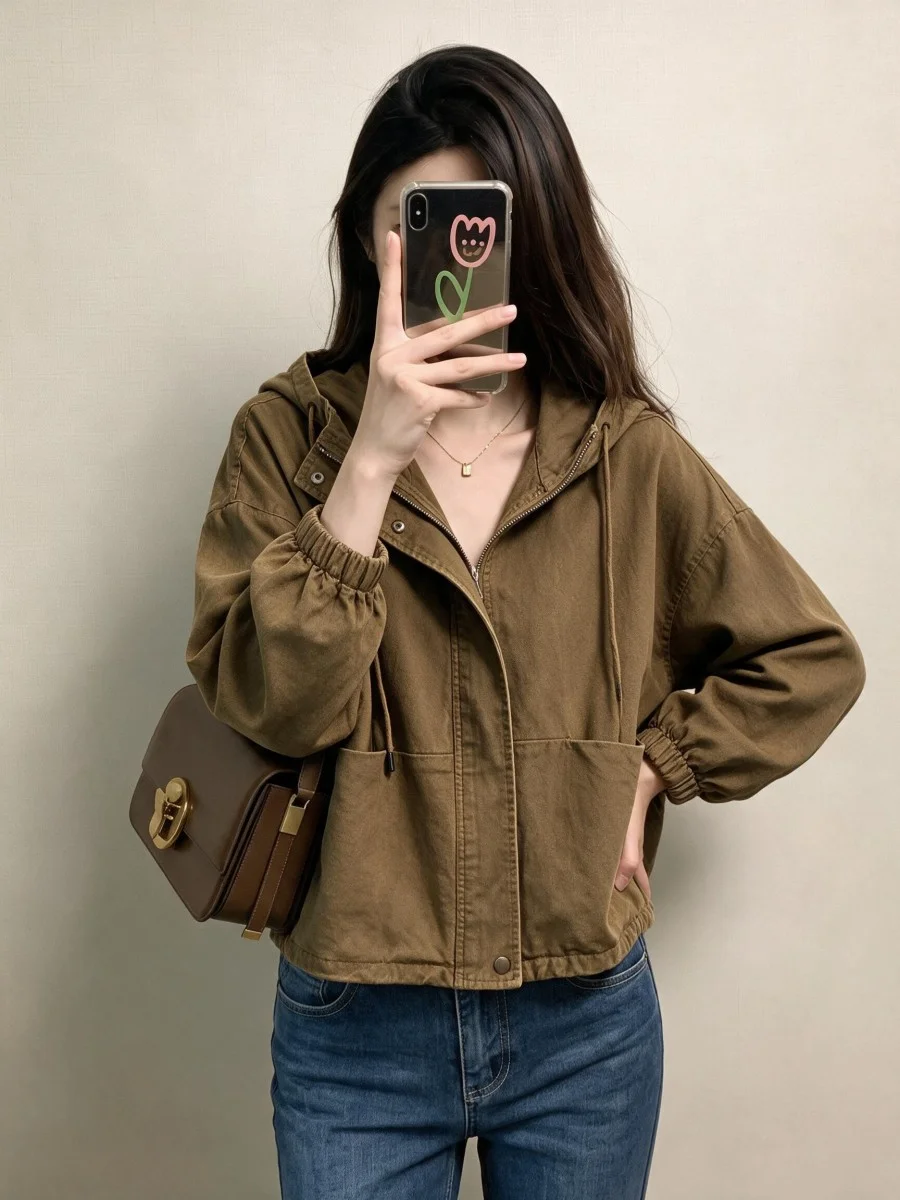Retro Washed Loose Women's Jacket with Hood Spring New Arrival Cotton Zipper Decorated Commute Style Warm Short Outerwear