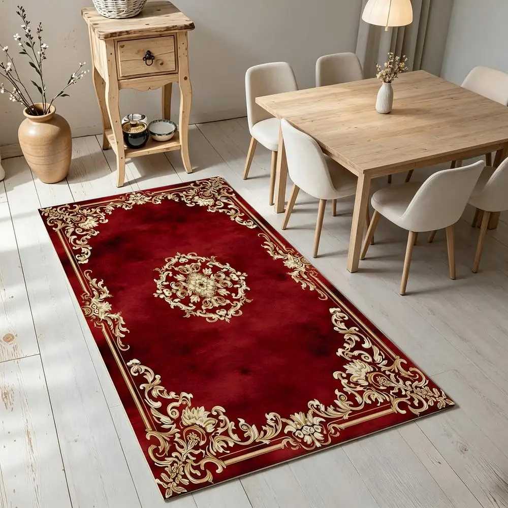 2D 1 Piece Ornate Traditional Soft Comfortable, Easy to Care, Machine Washable Indoor Rug for Dining Room, Living Room, Bedroom, Foyer, Hallway, Rustic Style Home Decor Under Dining Table