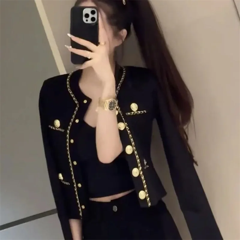 New 2026 Spring Autumn Clothing Women's Coat Small Fragrant Short Jacket Top Fashion Round Neck Splice Outerwear Cardigan