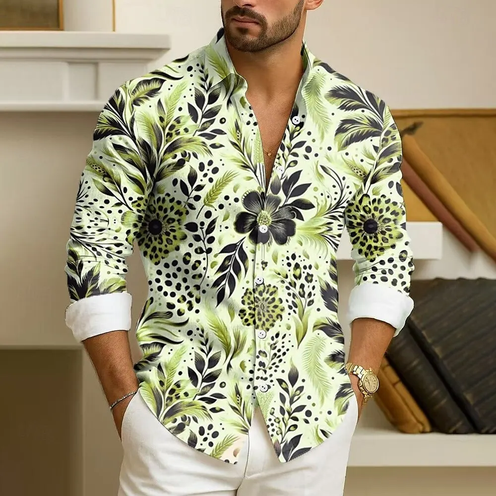 Herren Langarmhemd Blatt Pflanze Blumen 3D Bedrucktes Hemd Button-Down-Hemd Outdoor Urlaub Herbst Revershemd Herrenbekleidung