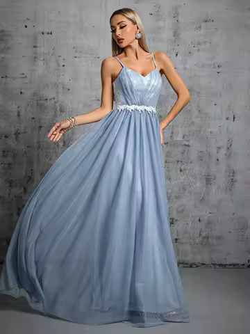 Mgiacy Halter mesh cross folding lace contrasting long dress Evening gown Ball dress Party dress Bridesmaid dress