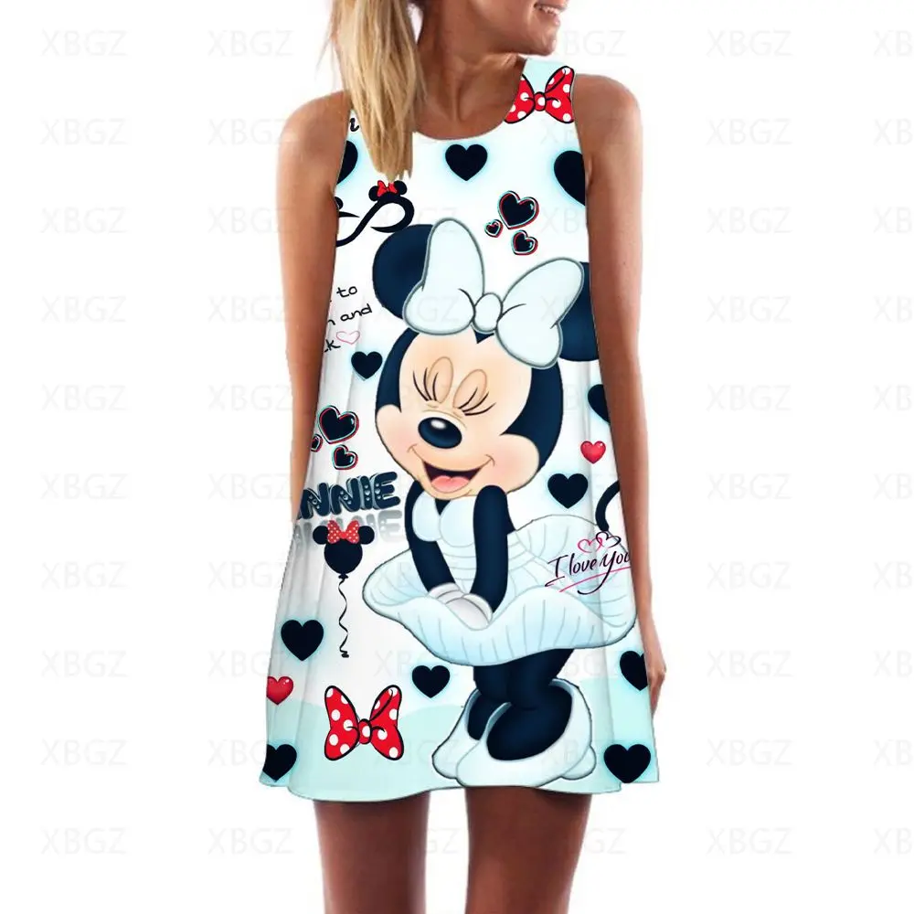 Disney-Vestido corto de Minnie Mouse para mujer, Top bohemio de dibujos animados, sin mangas, Sexy, para playa, 2022