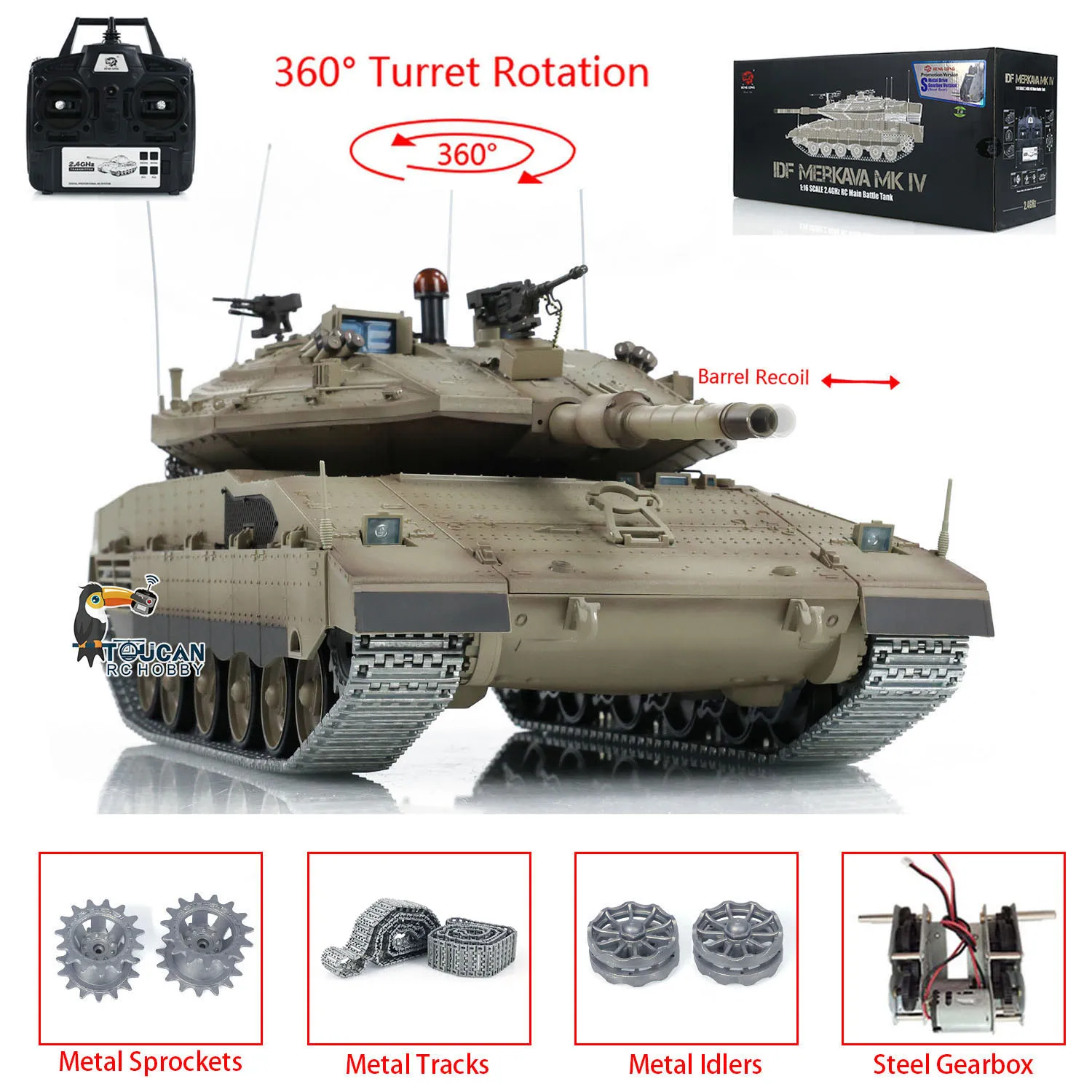 1/16 RC Tank Heng Long IDF Merkava MK IV 3958 360° Turret Rotary Upgrade Version TK-7.0 Metal Tracks Model Toy TH22647