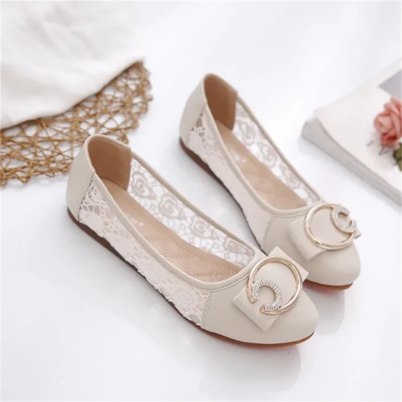 Mesh Single Shoe For Women Flat Shoes Spring Autumn Hollow Soft Sole Shallow Mouth Breathable Female Bean Shoes