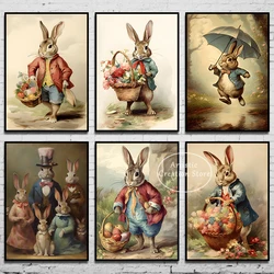 Easter Victorian Rabbit Family Print Canvas Painting Vintage Spring Bunny Wall Art Picture for Bedroom Living Room Home Decor