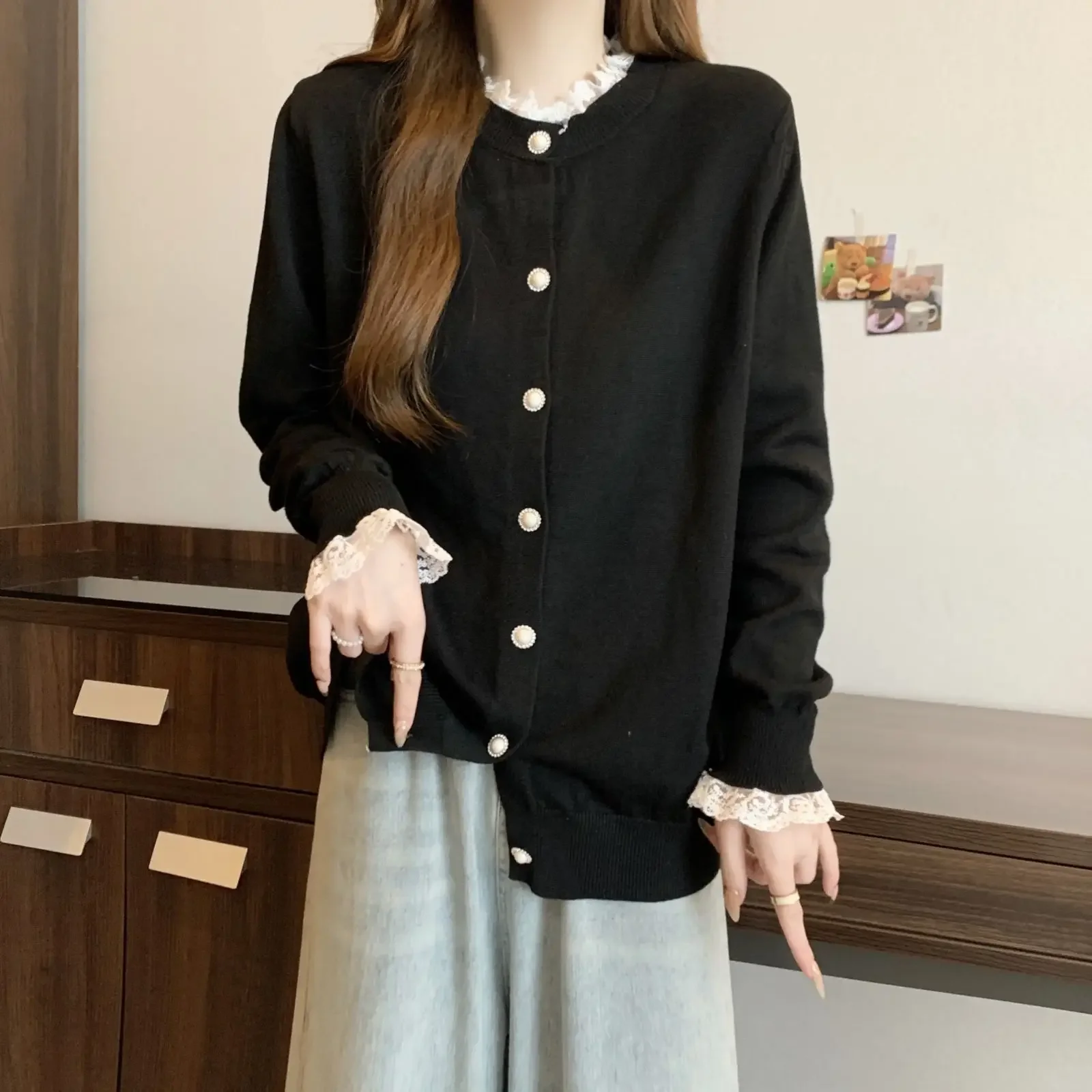 

Loose Base Layer Shirt Spring Autumn New Style Conceal Meat Slimming Top Plus Size Women's Long Sleeve T-Shirt Lace Trim