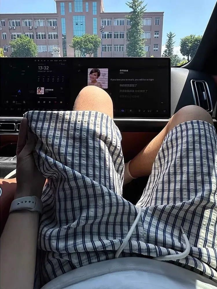 

American Sle Bubble Cloth Qui Dry Plaid Five-Quarter Men's Summer Casual Loose Sport Beach orts Couple's Pants
