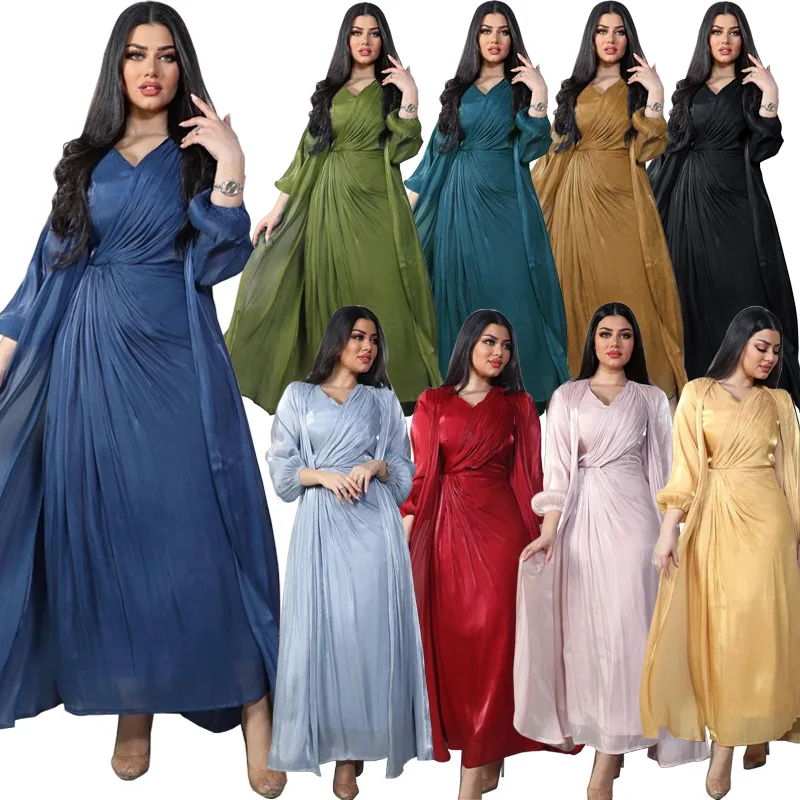 

Morocco Party Dress Women Abaya 2 Piece Set Silky Satin Dubai Muslim Dresses Eid Caftan Evening Long Robe Vestidos Abayas Robe