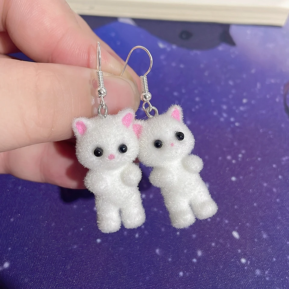 Cute 3D Resin Kitten Dangle Earrings for Women Korean Version Cartoon Flocking Animal Sweet Earrings Party Jewelry image 2