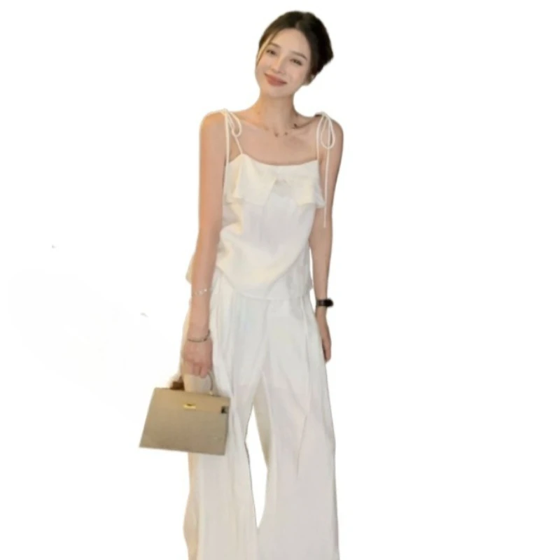

Large Size 145KG Loose Casual Suit Women's Summer Lotus Leaf Edge Suspender High Waist Wide Leg Trousers Can Be Worn Outside