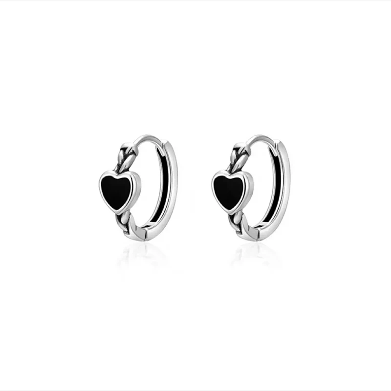 ZX Cool Black Enamel Heart Earrings for Girl Silver Color Hoop Huggies Earrings Wholesale Jewelry Dropshipping Accessories Gift