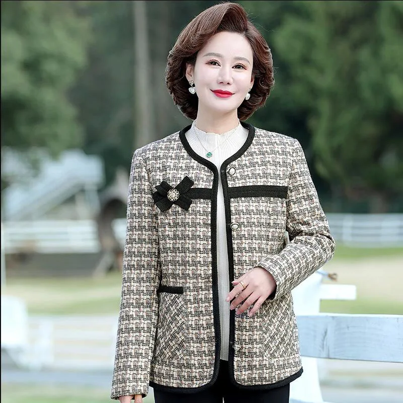 

2023 New Spring Autumn Coat Middle-Aged Elderly Mothers Casual Jacket Tops Short Round Collar Plaid Windbreaker Casaco Feminino