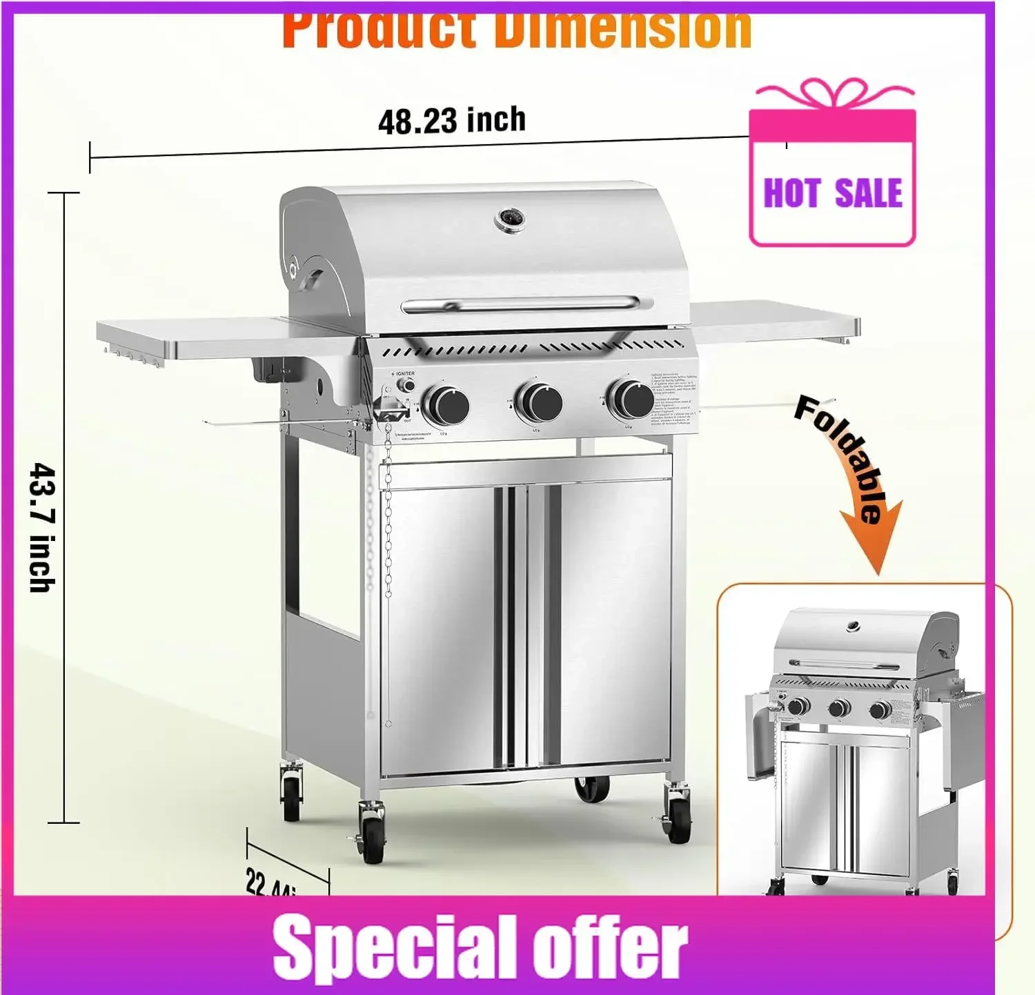 

Любимый гриль, газовый гриль с 3 конфорками и складными боковыми столиками, гриль-барбекю из нержавеющей стали емкостью 24 000 БТЕ, уличный пропановый гриль для барбекю