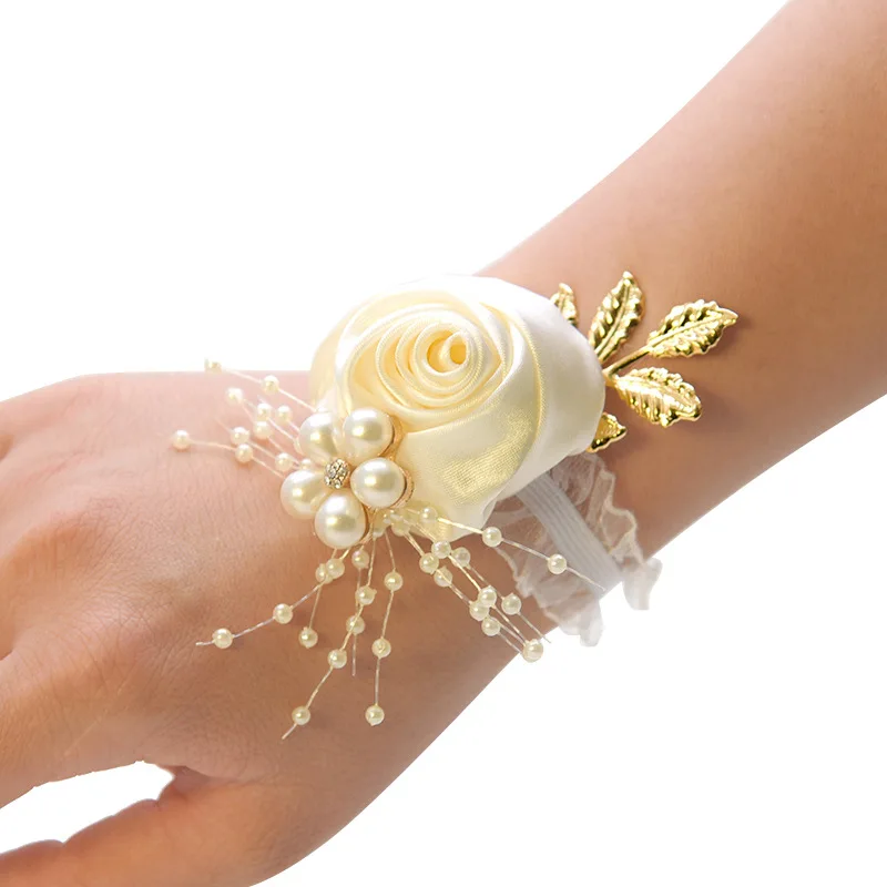 Pulsera de rosa de imitación para dama de honor, ramillete de muñeca para boda, lazo de perlas, regalos nupciales, flores de mano, suministros para fiesta de graduación, cinta de poliéster