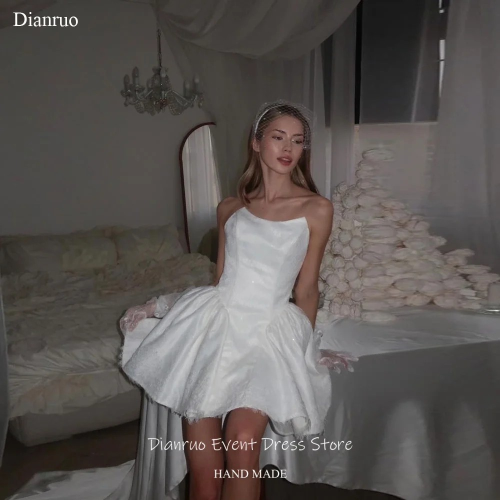 Dianruo Delicate Appliques Jacquard Wedding Dress Shimmer Pleated A Line Vestido De Noiva Puffy Mini Homecoming Dress Customized