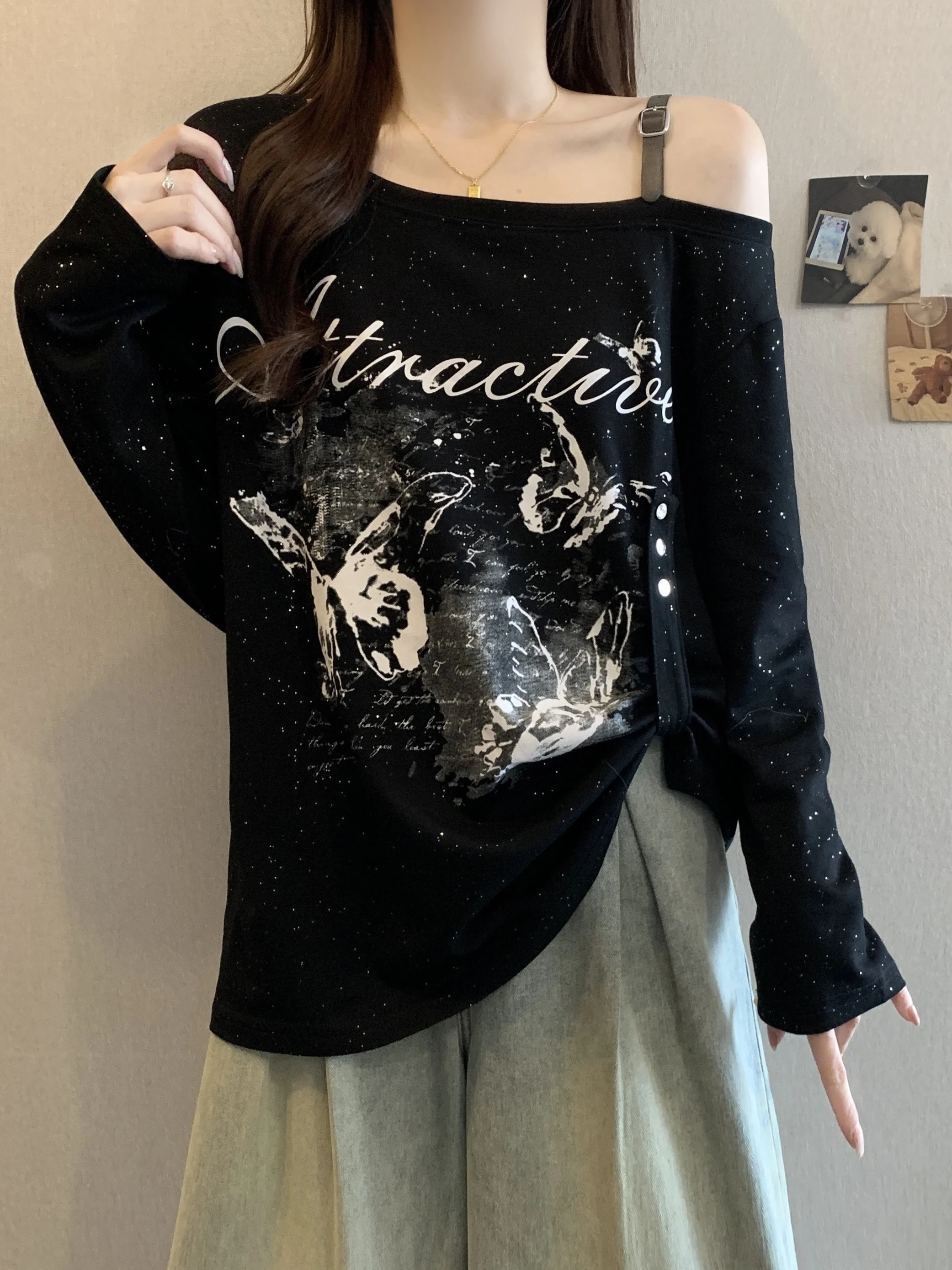 

plus Size American Sle Sweet Cool Spicy oulder Bared Long Sve Base irt Women Fat Sister Small Print Glitter Top