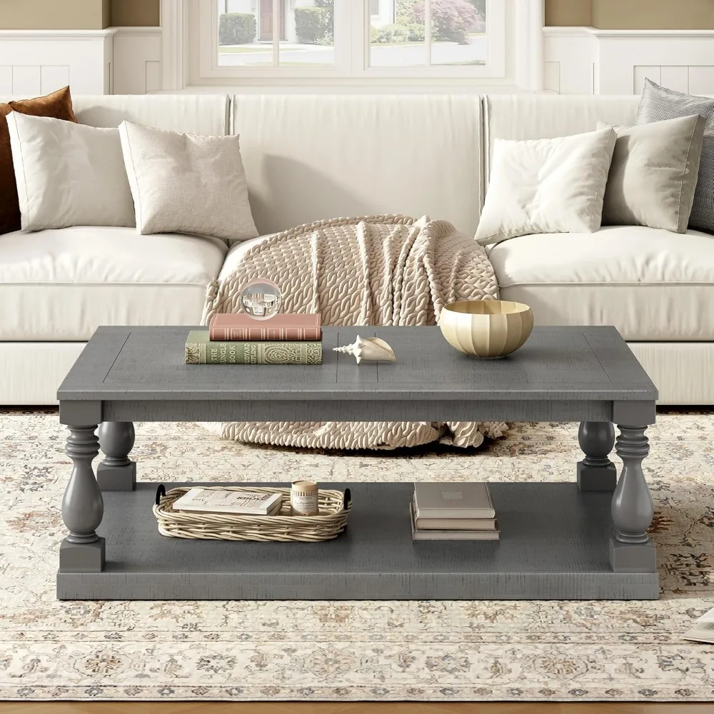 Solid Wood Coffee Table,Modern Farmhouse Coffee Table/Center Table with Storage Rectangle for Living Room,Gray