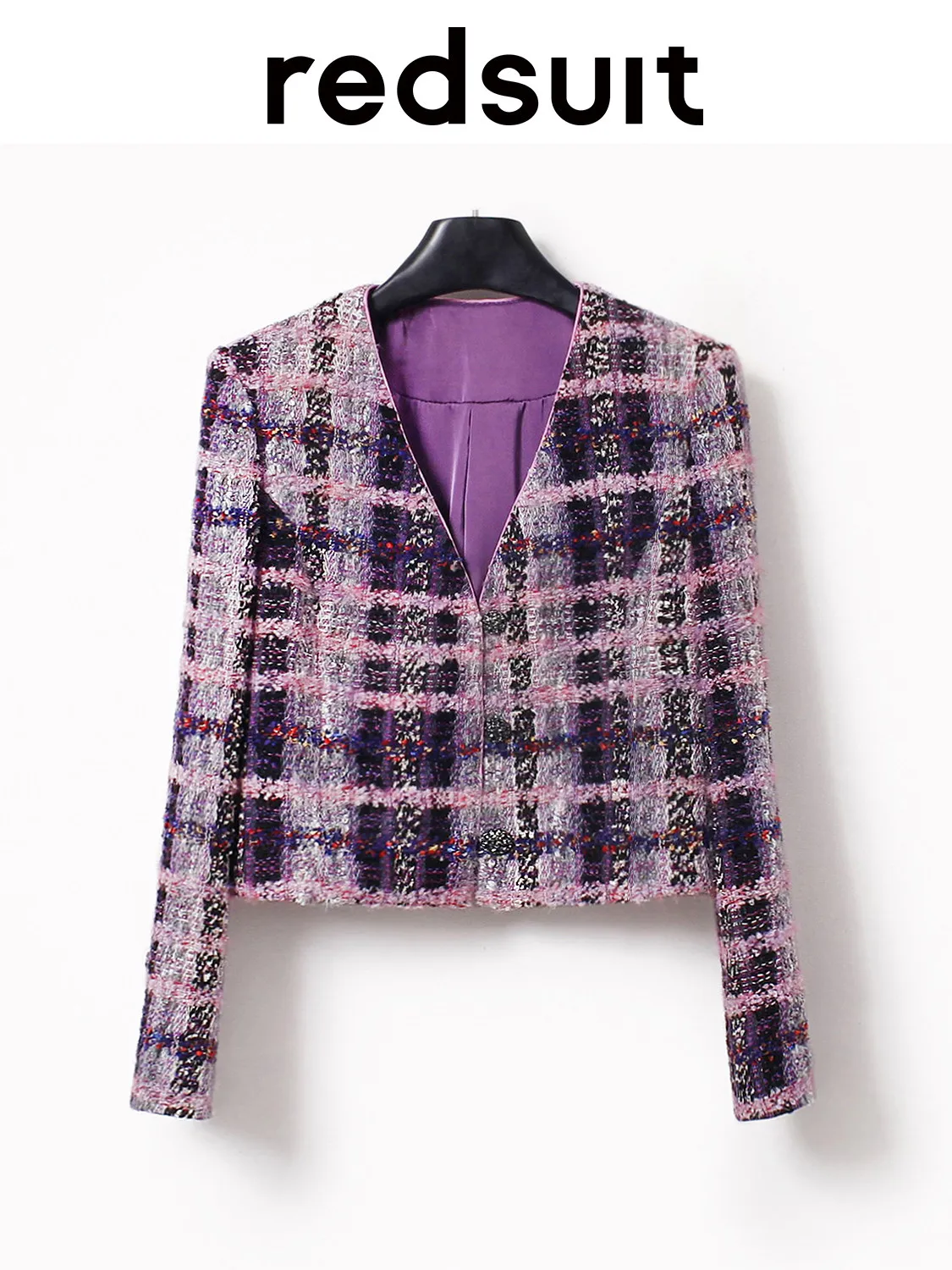 New High luxury plaid V-neck short purple woolen jacket for socialites Custom Size