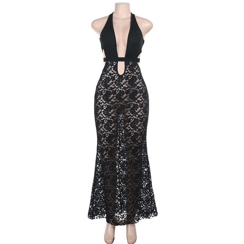 Przepuszczalna koronkowa sukienka z wycięciem Maxi letnia sukienka plażowa Sundress damska bandażowa sukienka bez pleców Halter sukienki bandażowe typu Bodycon stroje Streetwear