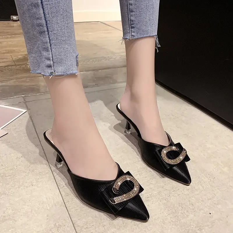 2024 New Women Slippers Mules Pointed Toe Rubber Metal Chains Outsole Slides Footwear Fashion Casual Lady High Heels Zapatillas