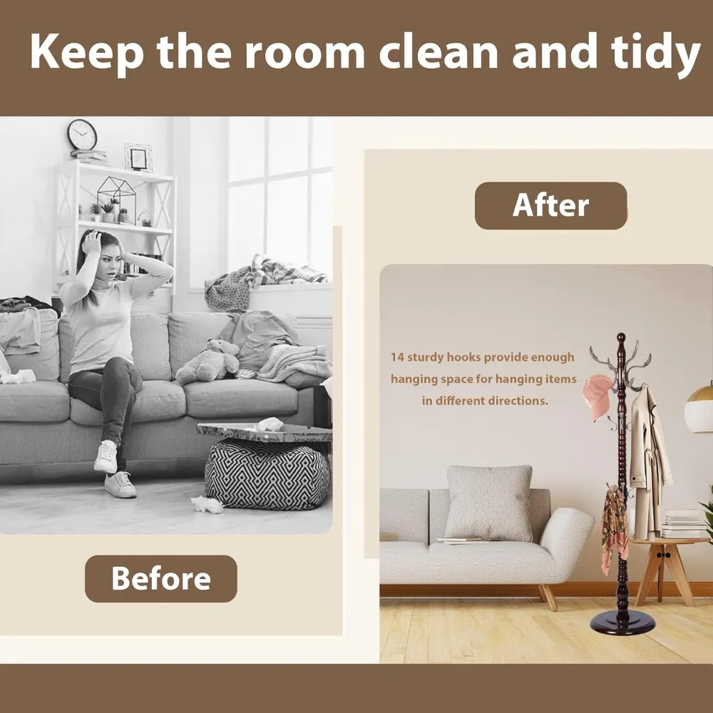 رف معطف قائم بذاته مع 14 خطافًا، تصميم من خشب البتولا الطبيعي، قاعدة مستديرة قوية مستوحاة من الأشجار