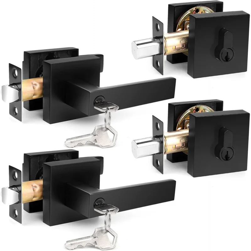 

Probrico 2-Pack Square Entry Levers & Deadbolts Combo - Flat Black, Keyed Alike, Reversible, Heavy Duty