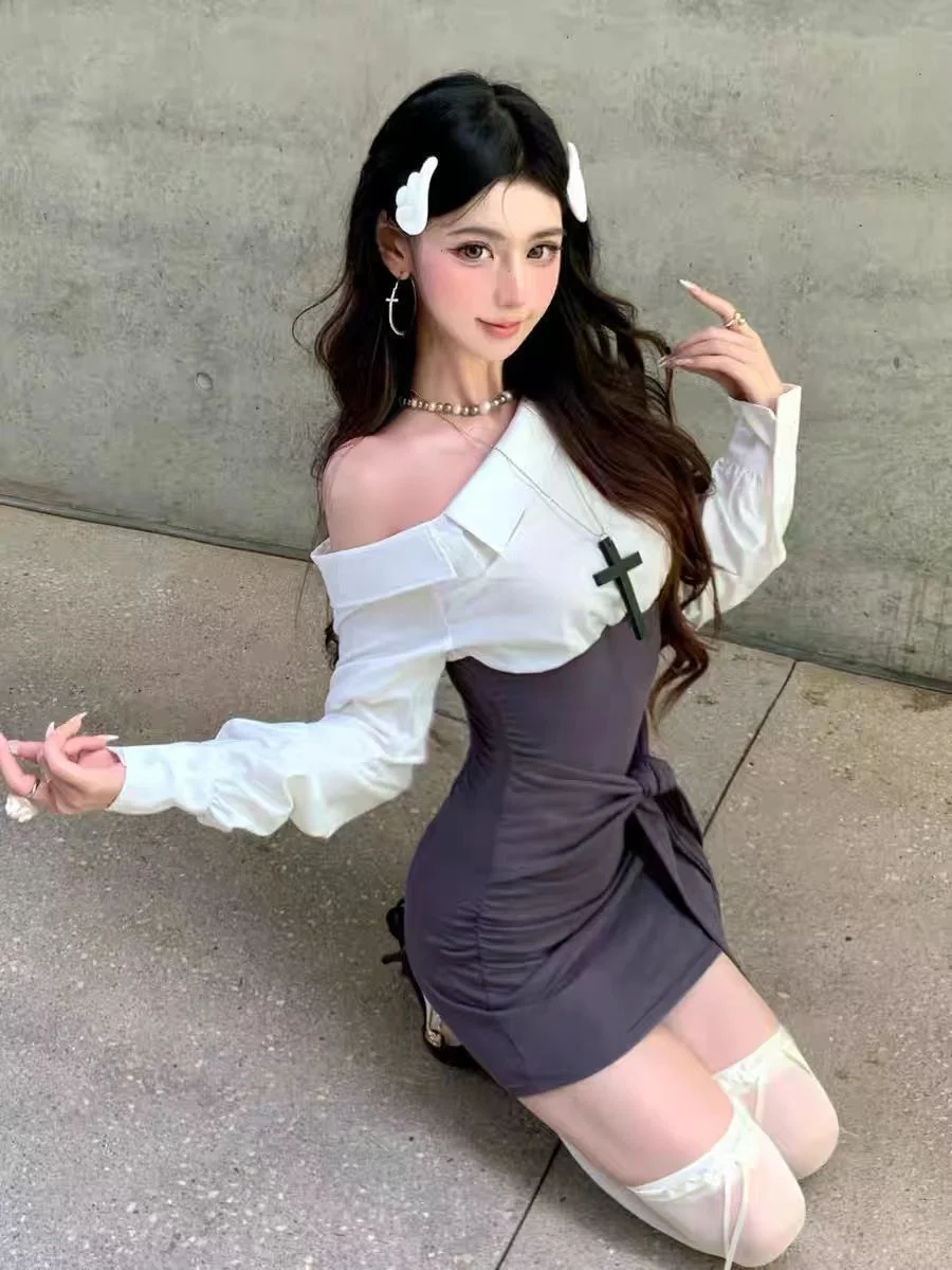 

2025 Women's Gothic Off-Shoulder Bodycon Dress - Asymmetrical Collar Tie-Waist Mini Dress, Sweet Edgy Style for Spring Autumn