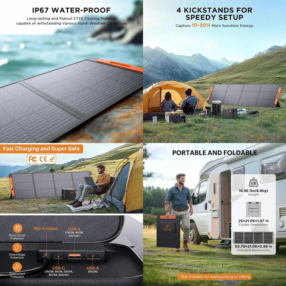 

Портативная солнечная панель 200 Вт с КПД 23,5%, регулировкой угла наклона и защитой IP67 для кемпинга, автодомов и автономного электроснабжения