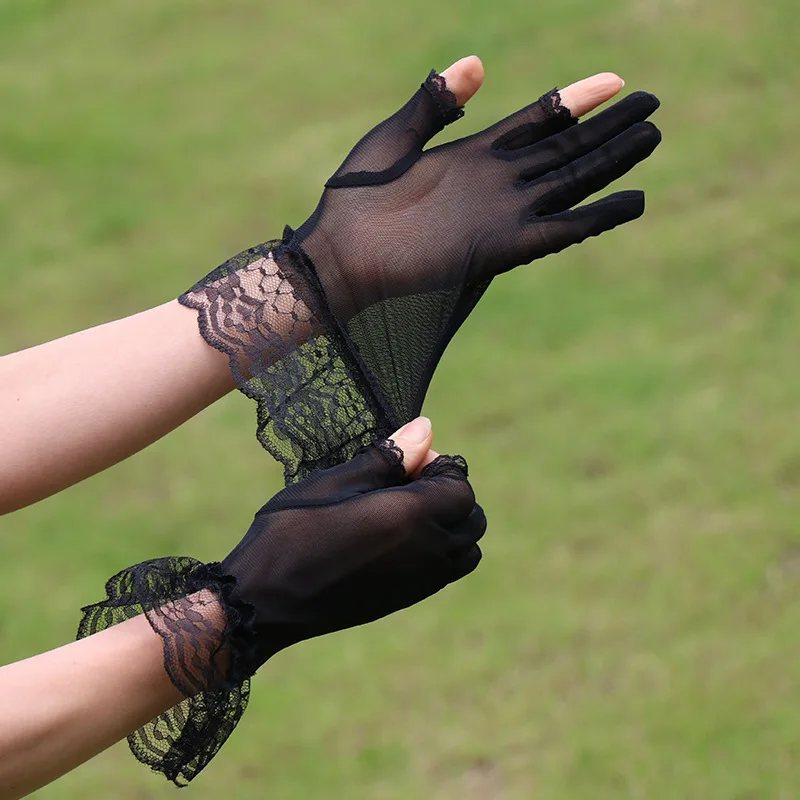 Fingerless Gloves Lace Sun Protection Thin Breathable Black Sexy Elegant Mesh Short Summer Party Show Bridal Ball Lightweight