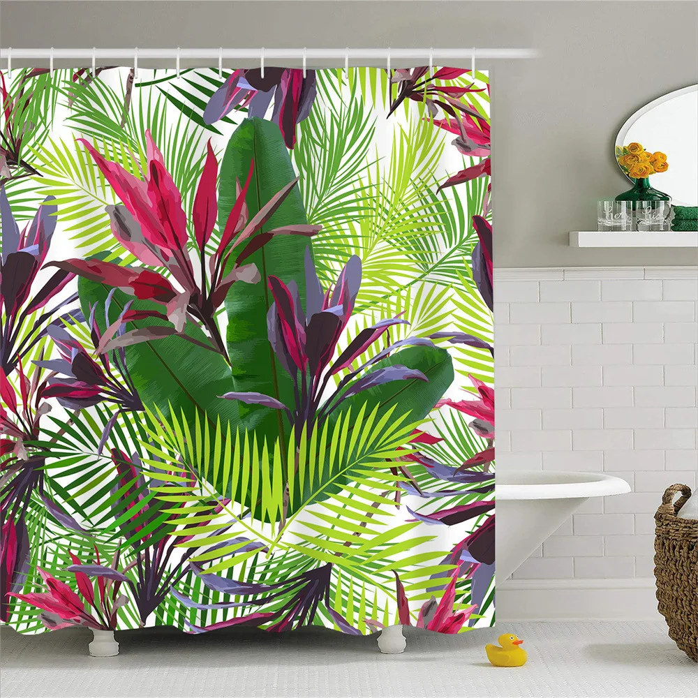 

Tropical Palm Flower Leaves Shower Curtain Vintage Green Plant Banana Monstera Leaf Jungle Pattern Bath Curtains with Hooks