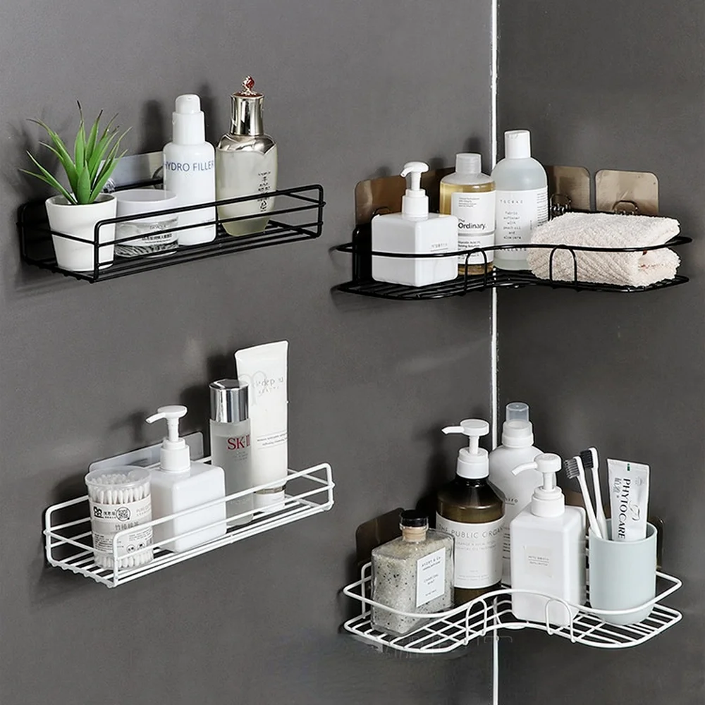 

Bathroom Accessories Wall Mount Punch-free Bathroom Corner Shelf Shampoo Storage Organizer Kitchen Spice Jar Storage Shelves