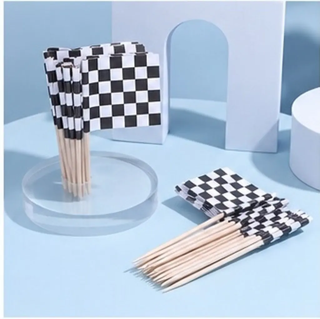 150Pcs Racing Checkered Flag Cake Topper Wooden Paper Insert for Birthday Party Cupcake Picks Dessert Decoration Baking Decor