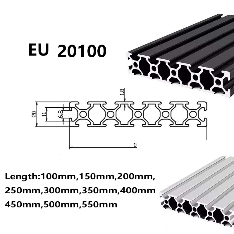 1PCS Black Silvery Anodized 20100 T Slot Aluminum Profile EU Standard 3D Printer Track CNC DIY Frame 100-550mm